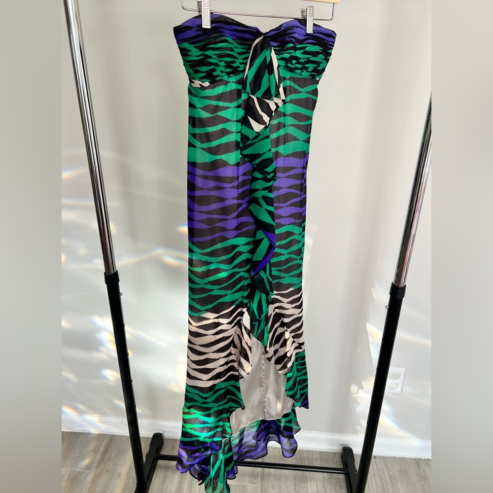 BCBGMaxAzria Green and Purple Zebra Print Maxi Dress
